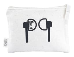 A white calico earphone pouch with a black design featuring earphones, including a logo.