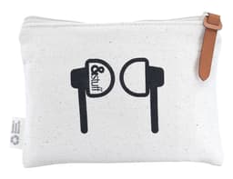 A white calico earphone pouch with a zipper and a leather pull. It features a graphic of earphones and a logo.