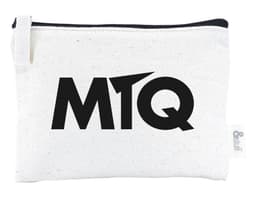 A white calico earphone pouch featuring a black logo, with a zip closure and a small tag.