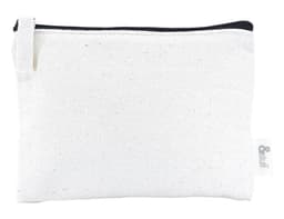 A white calico pouch with a black zipper, suitable for earphones, featuring a small logo.