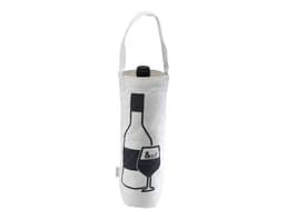 A wine bag in natural colour with a bottle and glass design, featuring a handle and a logo. Measures 30cm x 16cm x 9cm.