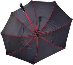 A black auto golf umbrella with red accents, displaying an inverted view showcasing its ribs and canopy.