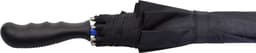 A black golf umbrella with a textured handle and a compact design, featuring a branding logo.