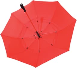 A red deluxe auto golf umbrella with a curved black handle and a sturdy frame. It features a logo on the canopy.