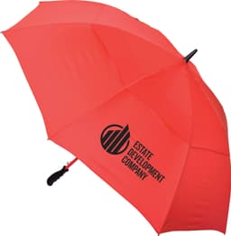 A red golf umbrella featuring a black logo, with a curved handle and a large canopy design.