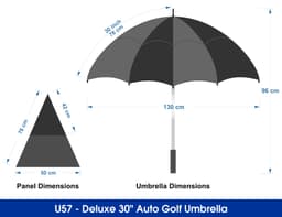 A black and grey Deluxe 30" Auto Golf Umbrella with dimensions displayed, featuring a logo on the handle.