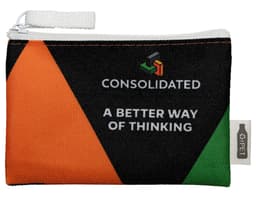 A compact pouch in black, orange, and green with a zip closure and a logo. Made from rPET material.
