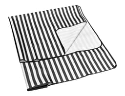 A black and white striped extra-large picnic rug with a corner pocket, featuring a subtle logo.