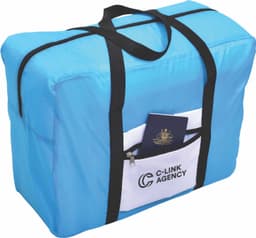 A blue wheeled travel bag with black handles and a front pocket, featuring a logo. A passport is visible in the pocket.