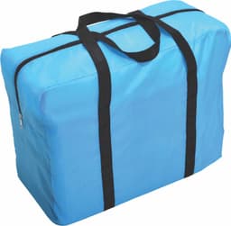 A blue wheeled travel bag with black straps and a zip closure, featuring a logo on the side.