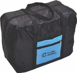 A black wheeled bag with a blue zip pocket and handles, featuring a logo on the front.