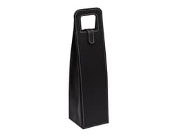 A black bag with a handle and white stitching, designed for carrying bottles. It includes a branding logo.