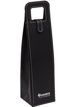 A black bag with a handle, featuring a logo and white stitching, designed for carrying items securely.