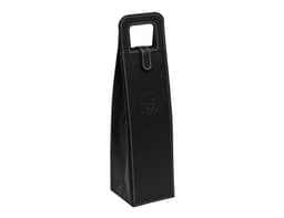 A black wine bag with a handle and stitch detailing, featuring a logo on the front.