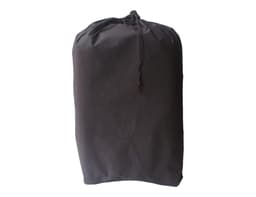 A black carry-on suitcase with a drawstring closure, featuring a logo or branding on the surface.