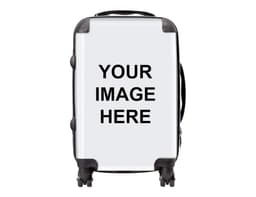 A wheeled carry-on suitcase in white with black accents and a logo. Features a handle and wheels for easy transport.