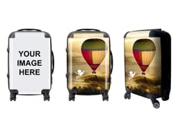 A wheeled suitcase featuring a colourful hot air balloon design, with a black frame and wheels. It has a logo and branding.