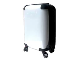 A sleek silver carry-on suitcase with black accents and wheels, featuring a logo on the side.