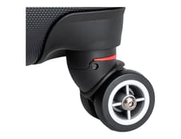 A close-up of a black wheeled suitcase wheel with a grey and white design, featuring a small red accent.
