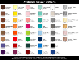 A colour chart displaying various options for the "Carnival Pro INDENT A5 Notebook," including shades like teal, pink, and metallic gold.