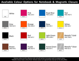 A selection of colourful A5 portfolios, including pink, teal, orange, and metallic shades, each displaying a logo.