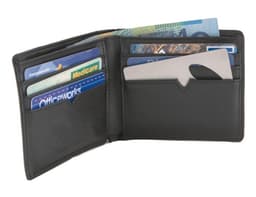 A black wallet opened to display Australian banknotes and multiple card slots, with a sleek silver card visible.