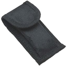 A black fabric pouch with a flap closure, featuring a textured finish and a sewn-in design.