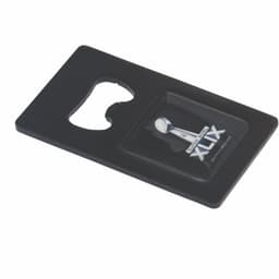 A black bottle opener in a card format with a cut-out section for opening drinks and a logo on the surface.