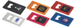 A set of bottle openers in various colours: black, orange, red, blue, and grey, featuring logos.