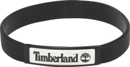 A black silicon wristband featuring a white logo and brand name in the centre.