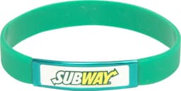 A green silicone wristband featuring a logo insert. Ideal for promotional events and exhibitions.