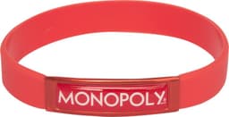 A red silicone wristband featuring a prominent branded emblem. The wristband has a smooth, flexible design.