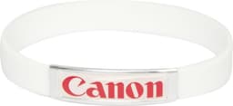 A white silicon wristband with a silver clasp and a logo.