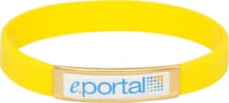 A yellow silicone wristband featuring a rectangular gold plaque with a logo.