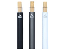 Three metal pens are displayed: black, grey, and white, each with a bamboo top and a logo.