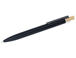 A metal pen with a black body and wooden accents, featuring a clip and silver details. It has a logo.
