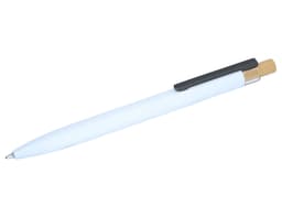 A white metal pen with a bamboo accent and a black clip, featuring a branding logo.