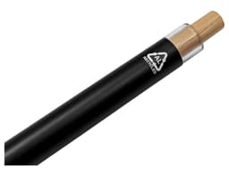 A black metal pen with a bamboo tip and a logo, designed as an eco-friendly writing instrument.