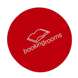 A red circular icon featuring a white book illustration and the text "bookingrooms" underneath.