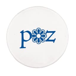 A white frisbee with a blue logo that features the letters "p", "o", "z" and a flower design.