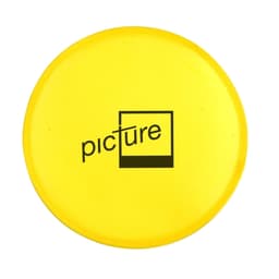 A yellow Frisbee with a circular shape and a logo in the centre.