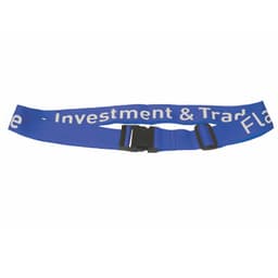 A blue luggage strap with a clasp, featuring a logo and white text.