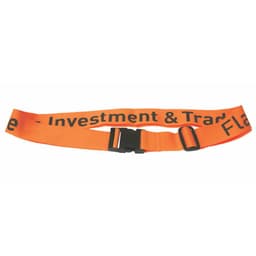 An orange luggage strap with a buckle, featuring black text and a logo.