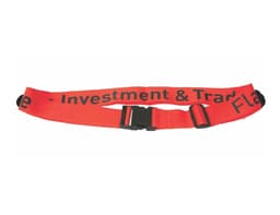 A bright red luggage strap featuring adjustable buckles and a logo, designed for securing bags.