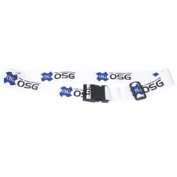 A white luggage strap with blue branding and a black buckle.