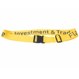 A yellow luggage strap with a buckle, featuring a logo and text along its length.