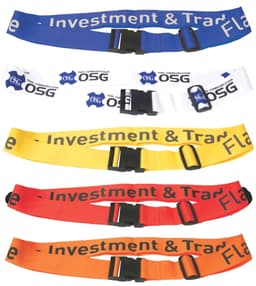 Multiple luggage straps in blue, white, yellow, orange, and red, each featuring black clips and a logo.