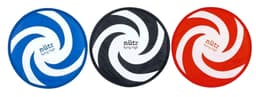 A set of three spiral frisbees in blue, black, and red, each featuring a logo.