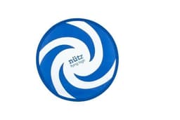 A blue and white spiral-patterned frisbee featuring a logo.