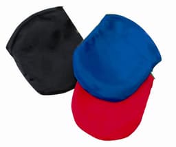A set of three frisbees in black, blue, and red, featuring a smooth surface and a logo on one.